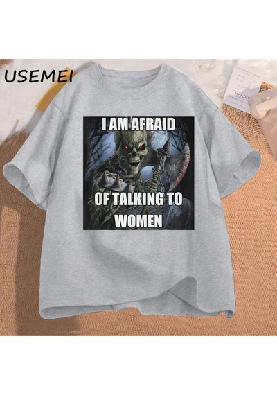Flood Of Style Ben Kadın T-shirt Erkek Pamuk Kısa Kollu Tees İle Konuşmaktan Korkuyorum Komik Sert İskelet M Gri