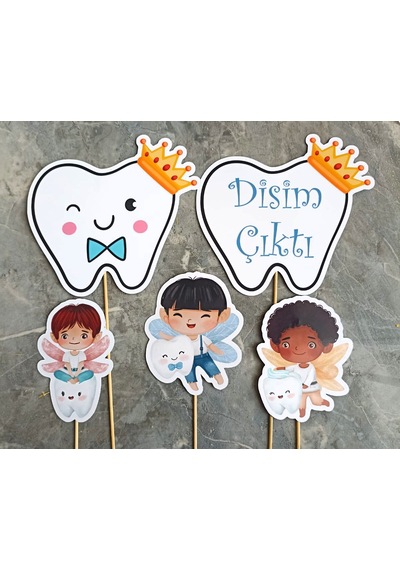 Erkek 32 Parça İlk Dişim Çıktı Diş Buğdayı Erkek Süs Seti Banner Pasta Kürdanı Cupcake Süsü Seti Mavi