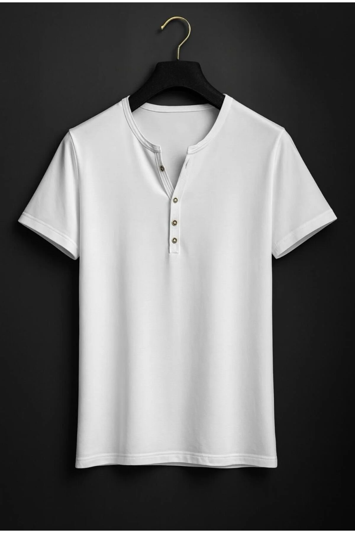 Özel Üretim Siyah Henley Yaka Düğmeli Açık Geniş Yaka Tişört T-shirt Beyaz