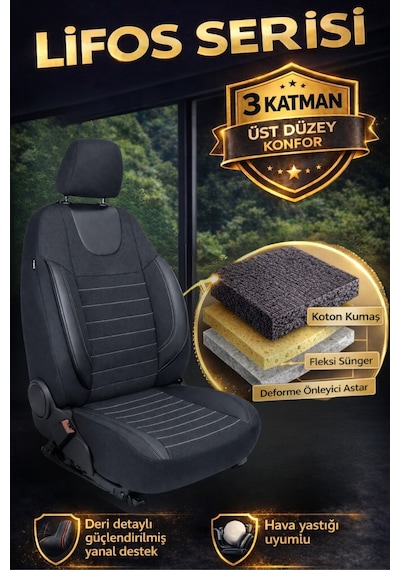 Lifos Hafif Ticari Serisi Koton Kumaş Oto Koltuk Kılıfı Tam Set Berlıngo-caddy-connect-courıer-doblo-dokker-partner Siyah-Gri