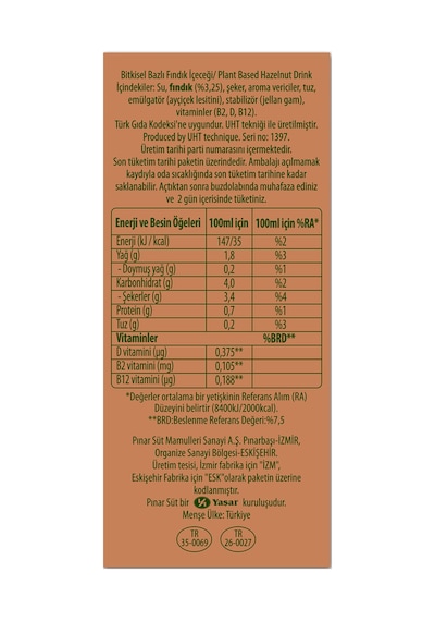 Nature Blend Bitkisel Bazlı Fındık İçeceği 1 L Vegan Laktozsuz X 4 Adet