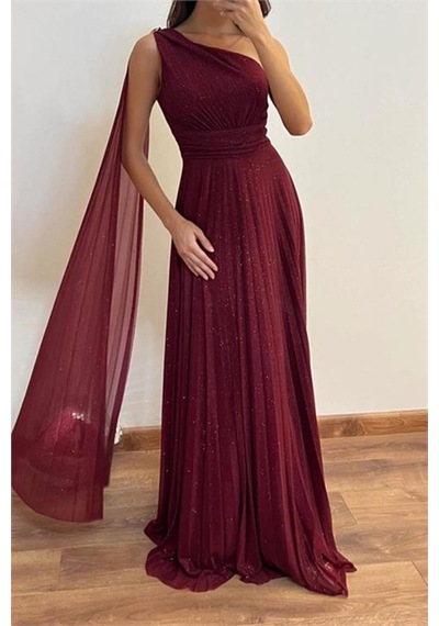 Neşeli Butik Kadın Bordo Tek Omuz Pilise Detaylı Simli Tül Kumaş Abiye Elbise Nbswll16
