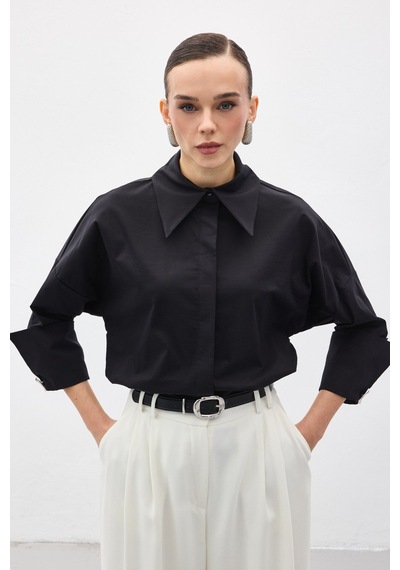 Sateen Düğme Detaylı Gömlek - Siyah-137149 Siyah