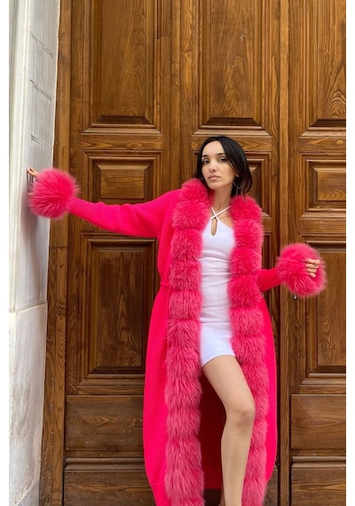 Lava Design Kürklü Triko Hırka & Uzun Triko Hırka & Kadın Triko Hırka Pembe