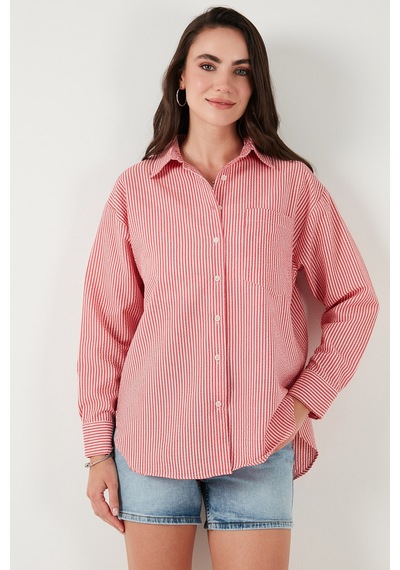 Lela Regular Fit Uzun Kollu Cepli Çizgili Bayan Gömlek 6772895 Kırmızı