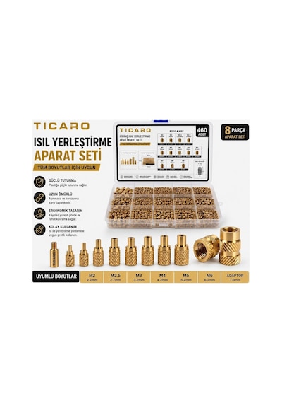 460 Adet Pirinç Insert Somun Seti, Yerleştirme Aparat Seti, M2 M2.5 M3 M4 M5 M6 3d Yazıcı Plastik Çakma, Gömme 17.4 X 9.8 X 4.5 Santimetre