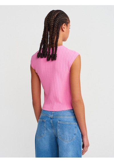 Dilvin 10738 Bisiklet Yaka Fitilli İnce Triko Bluz-koyu Pembe Koyu Pembe