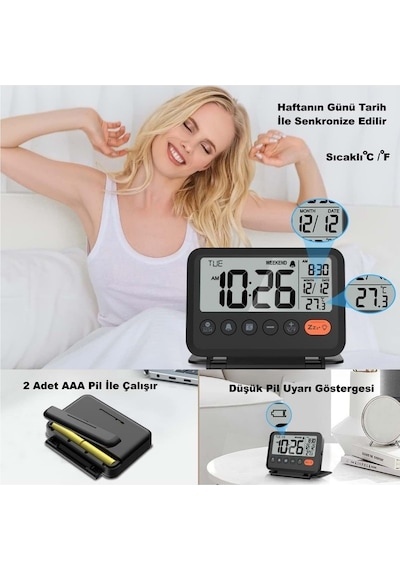 Plentiful Led Katlanır Dijital Saat Pilli Masa & Seyahat Tipi Alarm Takvim Isı Ölçer 10x8cm siyah