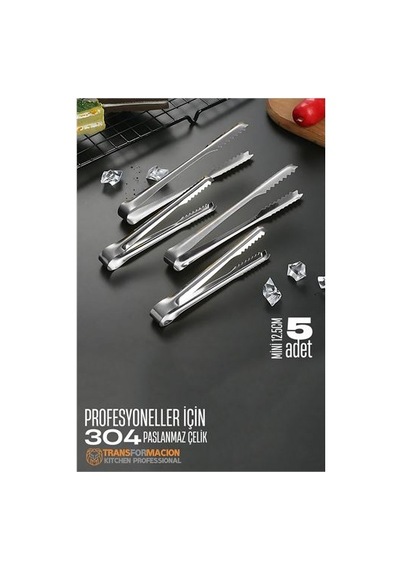 Mini 12.5 Cm Buz Maşası - Şeker Limon Maşası Kokteyl Servis Maşası 5 Li Paket 304 Paslanmaz Çelik 721753 Siyah