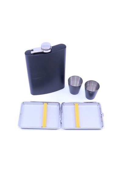 Paslanmaz Çelik Matara Seti - İki Shot Bardağı Tabaka Set Siyah