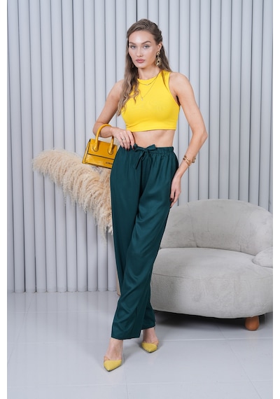 Polologin Butik Beli Bağcıklı Yüksek Bel Bol Paça Zümrüt Yeşili Pantolon Yeşil