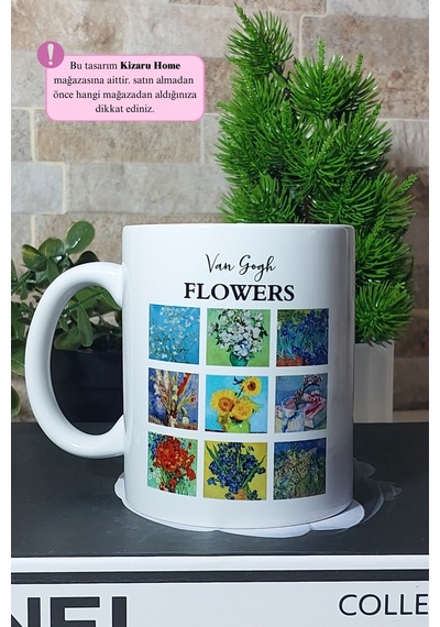 Van Gogh - Tarihi Sanat Tasarımlı Flowers Baskılı Porselen Kupa Bardak Çok Renkli