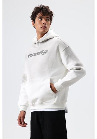 Vamos Oversize Baskılı Yıkamalı Hoodie Ekru