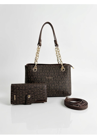 Just Polo Özel Günlere Uygun Baskılı Şık Omuz Çantası Ve Cüzdanı Kombin Shopper Kahverengi