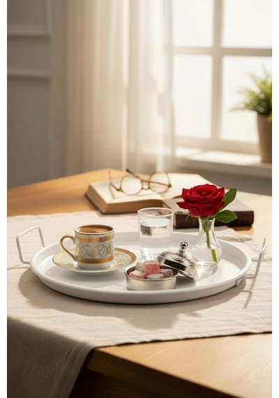 Metal Sunum Tepsi.çay Kahve Pasta Tatlı Servis 24 Cm Beyaz Hasır