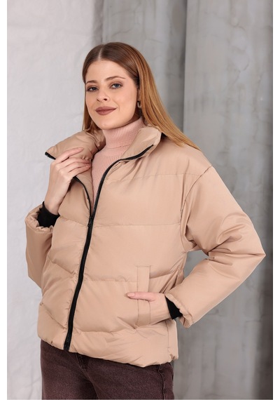 Blayn Jeans Kadın Kapüşonsuz Şişme Mont Krem