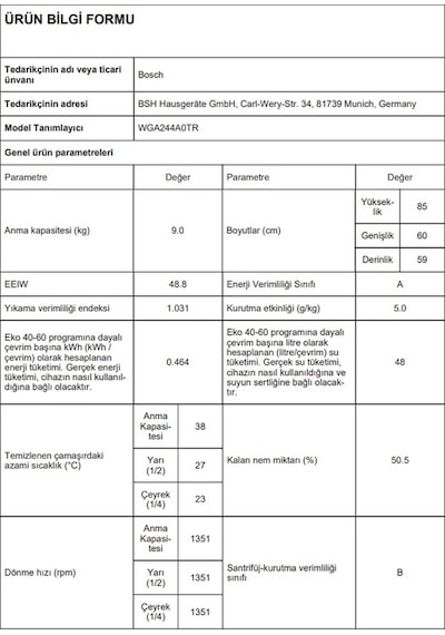 Bosch WGA244A0TR 1400 Devir 9 KG Çamaşır Makinesi