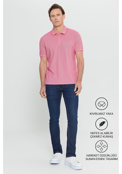 Ac&Co / Altınyıldız Classics 4A4820200047Fub3 Düğmeli Polo Yaka Cepsiz Slim Fit Erkek Tişört Fuşya - Beyaz Beyaz - Pembe
