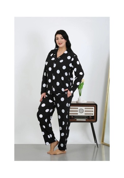 Najmaddin.com Beru Kadın Büyük Beden Pamuklu Cepli Düğmeli Siyah Pijama Takım