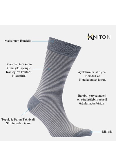 Dikişsiz Bambu Çorap Gri Renk Bambu Çizgi Detaylı Erkek Çorap Kutulu 5 Çift Premium Uzun Çorap Soket Çorap Bambu Mix