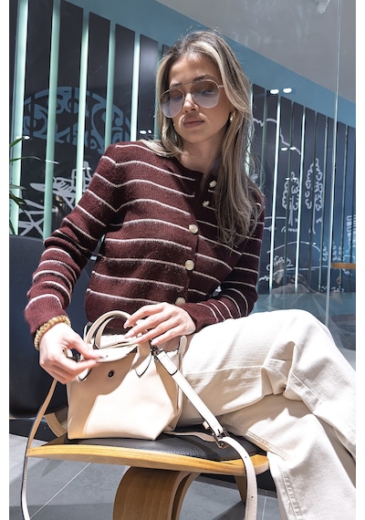 Lela Standart Fit Çizgili Yumuşak Dokulu Crop Triko Bayan Hırka 4615551 Bordo