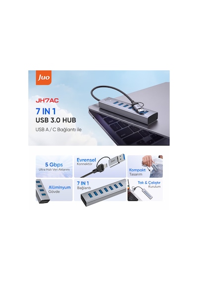 Juo Type-c Ve Usb-a 7 Portlu 7 Usb 3.0 5gbps Usb Hub Çoklayıcı Dönüştürücü