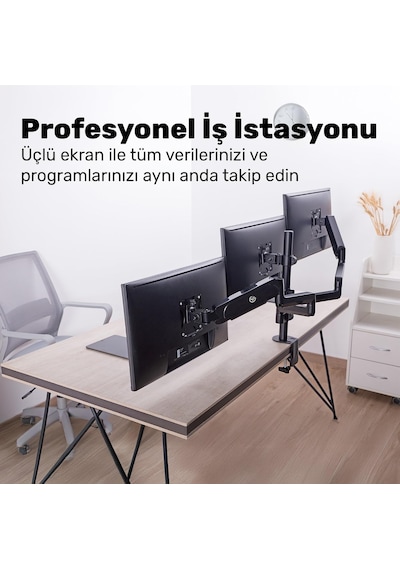 Std48036e 17"-27" Üçlü Ergonomik Monitör Kolu, 3 Ekranlı Amortisörlü Stand, 360 Pivot Vesa Tutucu, Trader/yazılımcı Kurulumu 3x7kg