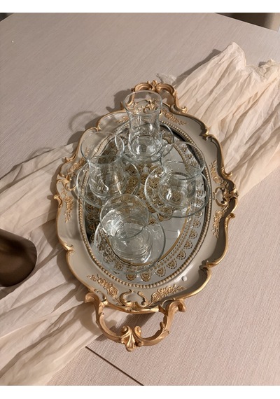 Oval Aynalı Kulplu Dekoratif Tepsi Vizon & Altın Varaklı 48x29 Cm