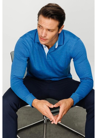 Desen Triko Erkek Polo Yaka Kare Desenli Uzun Kollu Sweatshirt Saks Saks Desen Triko Erkek Polo Yaka Kare Desenli Uzun Kollu Sweatshirt Saks Saks
