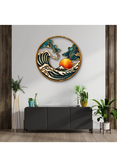 Japon Dalgası Madalyon - Metal Tablo - Dec0192 60 X 60 Cm Çok Renkli