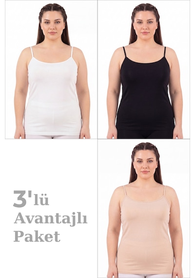 Arma Yıldız Kadın Büyük Beden İp Askılı Atlet Pamuklu Likralı Yumuşak Esnek Kumaş 3'lü Paket Beyaz Siyah Ten