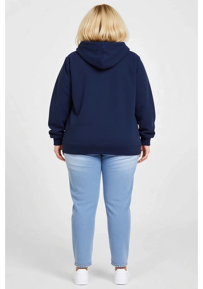 Ersefa Kadın Büyük Beden Sweatshirt Üç İplik İçi Şardonlu Kapüşonlu Tam Lacivert