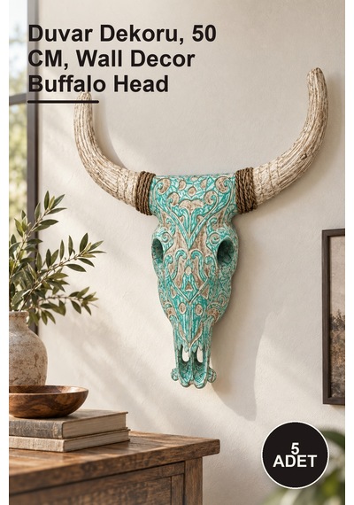 5 Adet Ahşap Dekoratif Bufalo Kafası Duvar Dekoru, 50 Cm, Wall Decor Buffalo Head