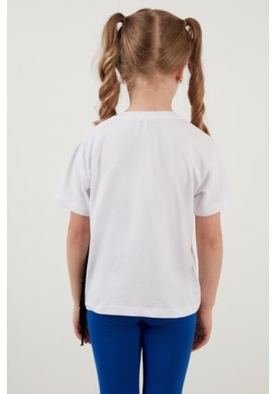 Lela Pamuklu Baskılı Püskül Detaylı Bisiklet Yaka Kız Çocuk T Shirt 6211020 Beyaz