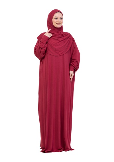 Modish Group Tek Parça Namaz Elbisesi Seti, Viskon Yumuşak Tesettür Abaya, Rahat Hazır Şal Başörtüsü Takım Kırmızı