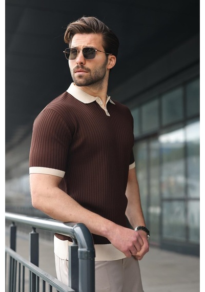 Madmext Kahverengi Polo Yaka Triko Erkek Tişört E7471 Kahverengi
