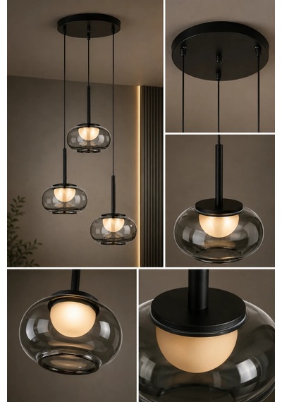 Modern Premium 3'lü Füme Cam Küre 3 Renkli Ledli Sarkıt Avizesi Salon Mutfak Şık Modelleri 78w Siyah