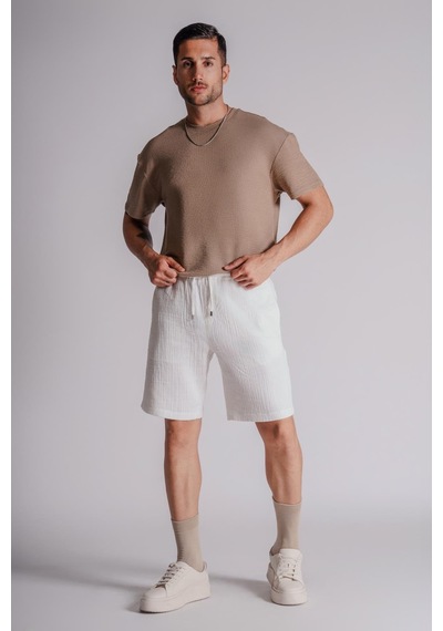 Braccas Erkek Yandan Cepli Beli Lastikli Dokulu Kumaş Relaxed Fit Jogger Şort Ekru Ekru