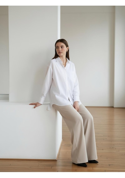 Pera Moda Oversize Arkası Uzun Önü Kısa Poplin Gömlek Beyaz