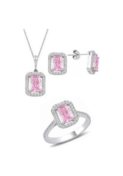 Gümüş Rodyumlu Pembe Baget Taşlı Üçlü Set