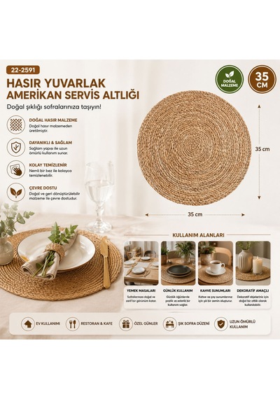 35 Cm Hasır Yuvarlak Amerikan Servis Altlığı Supla Altın