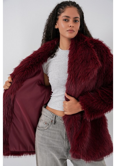 Bigdart Kadın Kemerli Oversize Kürklü Kaban 9156 - Bordo