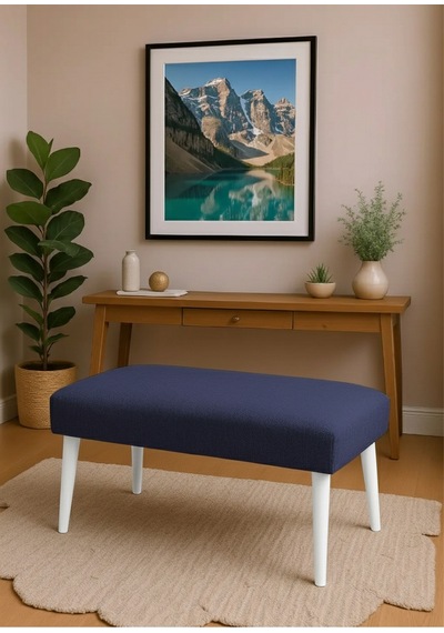 Waterybrook Bench Bank - Keten Kumaş - Beyaz Ahşap Ayaklı - 90x45 Cm - Modern Retro Tasarım - Oturma Pufu Lacivert
