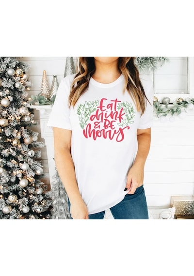 Dogutrend Yılbaşı Noel Baskılı Kısa Kollu Oversize Bisiklet Yaka T-shirt - Beyaz