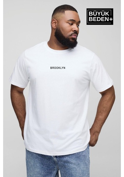 Superlife Erkek Büyük Beden Orta Brooklyn Baskılı 3xl-6xl Bisiklet Yaka Tshırt Spr26bts510-8 Beyaz