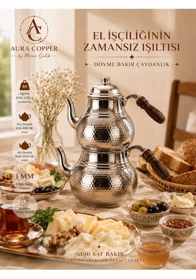 Aura Copper El İşlemeli Bakır Çaydanlık Seti 1 Mm Üst 850-950 Ml Alt 1850-1950 Ml 27 Cm Bakır - Porselen