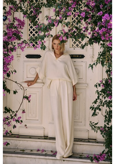 Sateen Keten Karışımlı Pantolon - Taş-136276 Taş