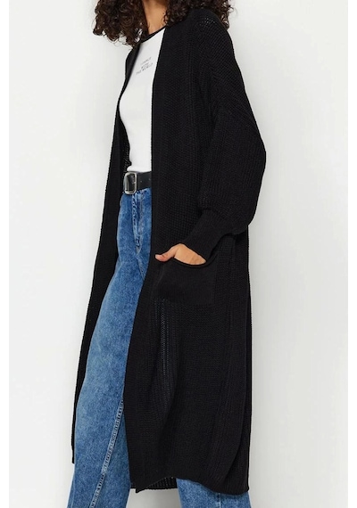 Frm Kadın Moda Şık Uzun V Yaka Regular Maxi Basic Triko Hırka Siyah