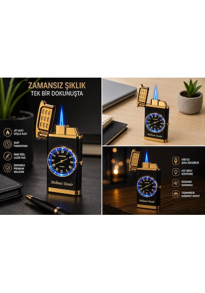 Kişiye İsime Özel Led Işıklı Sevgiliye Hediye Rüzgara Dayanıklı Saatli Metal Çakmak Dolu Gönderim Gf