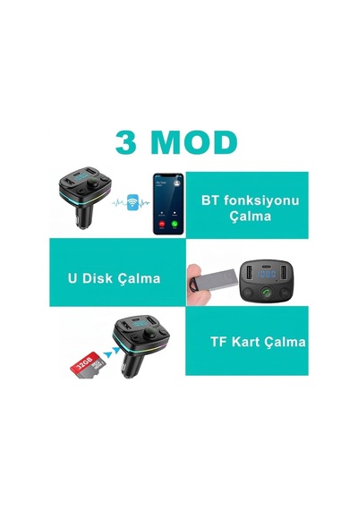 Tr Aft-10 Bluetooth 5.0 Araç İçi Fm Transmitter - 3 Portlu 2x Usb-a + 1x Usb-c Rgb Led Ekranlı Şarj Cihazı